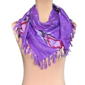 NEW Square Scarf Ikat Print Bright Purple Tassel Fringe Viscose Lurex